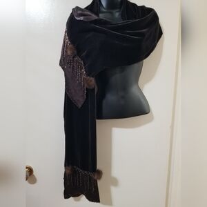 Victorian-Inspired Dark Brown Velvet Scarf w Faux Fur Pom & Beaded Trim